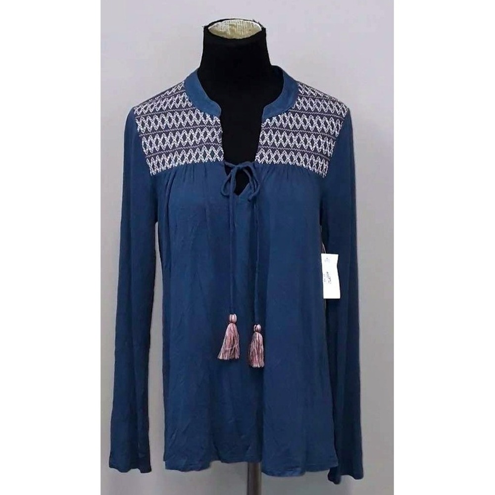 Knox Rose Embroidered Top Womens Medium Blue Boho Tassel Tie Long Sleeve